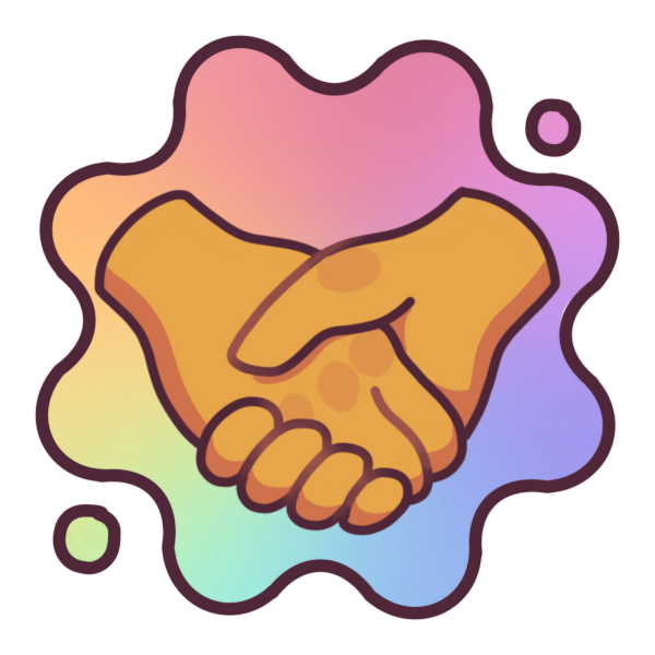 a pair of clasped hands with a rainbow, symmetric, blob-like shape behind them.